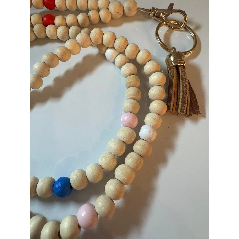 Natural Wood Beaded Lanyard Keychain with Colorful Accents and‎ Tassel Gold Tone